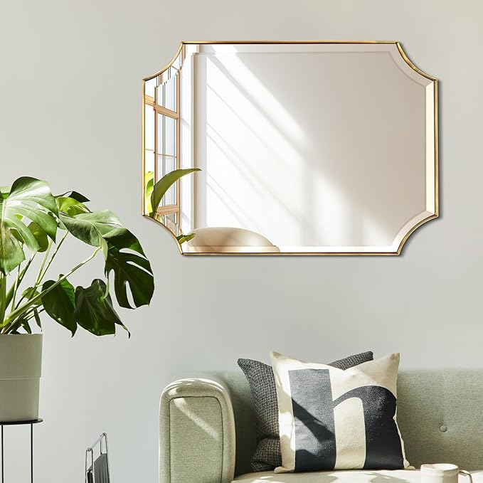 POZINO Rectangle Beveled Mirror, 22"x30" Brushed Gold Bathroom Vanity Mirror, Modern Aesthetic Scalloped Edge Wall Mirrors for Bedroom Living Room Hallway Entryway, Horizontal or Vertical Hanging