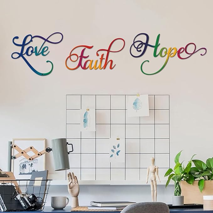 ESTART Faith Hope Love 3 Pieces Metal Wall Decor Inspirational Black Letter Sign Wall Art Rustic Vintage Farmhouse Word Metal Sign Family Wall Decor for Home Bedroom Living Room Office (Colorful)
