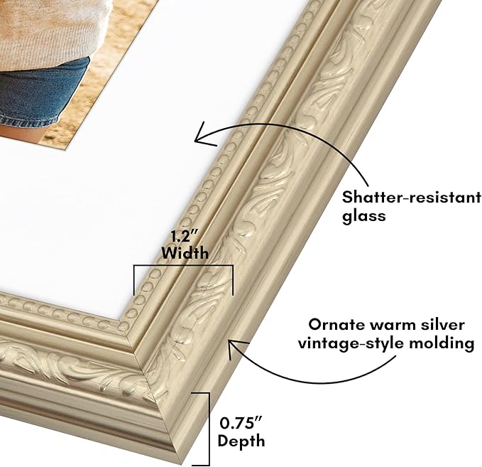 Americanflat 8x10 Picture Frame with Shatter-Resistant Glass - Use as 5x7 Frame with Mat or Display 8x10 Photo Without Mat - Ornate Picture Frames for Wall and Tabletop Display - Silver