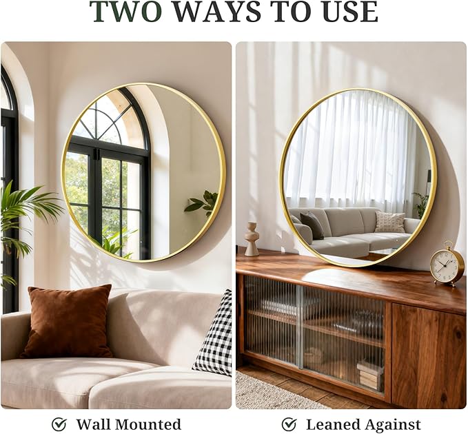 Round Wall Mirror 20 Inch Gold Vanity Mirror with Metal Frame, Modern Circle for Bathroom, Entryway, Bedroom, Living Room, Wall Mounted Decorative Mirrors