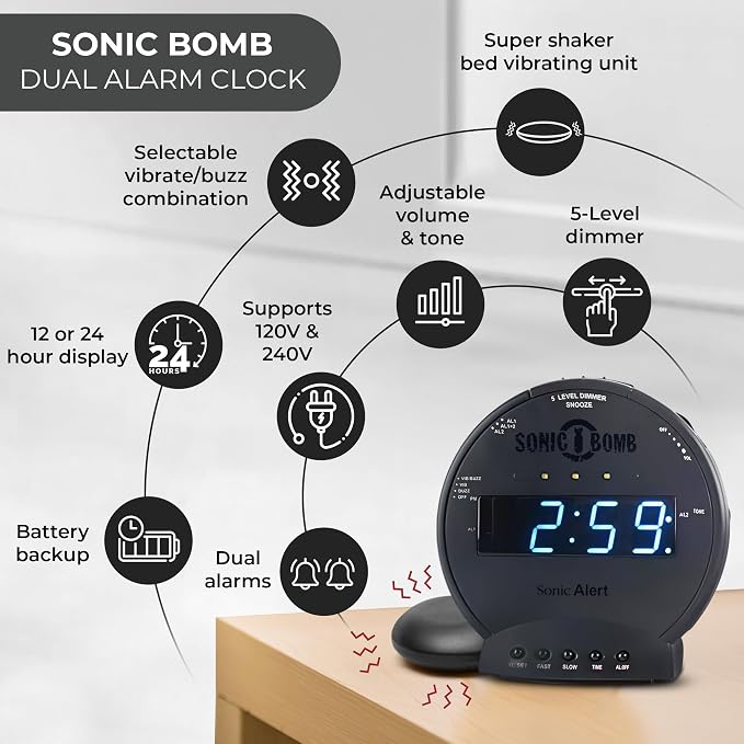 Sonic Alert Sonic Bomb Dual Alarm Clock with Bed Shaker, Black Vibrating Alarm Clock Heavy Sleepers, Battery Backup | Wake with a Shake - Image 5