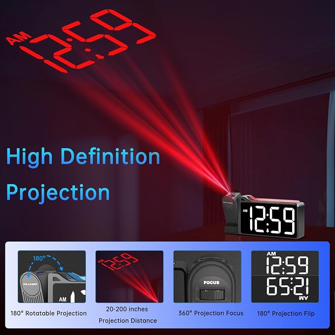 Peakeep Projection Alarm Clock for Bedroom Ceiling with Colorful Nightlight - Image 2