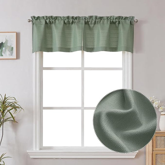 Chyhomenyc Sage Green Valance for Windows, Faux Linen Slub Textured Semi Sheer Small Window Valance Curtain for Kitchen Bathroom Cafe Laundry Basement, 30Wx14L inch, 2 Piece
