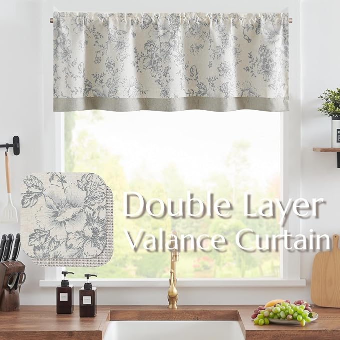 jinchan Linen Floral Valance Double Layer Kitchen Window Curtain Grey Flower on Beige Valance for Living Room Cafe Farmhouse Light Filtering Rustic Country Curtain 16 Inch Rod Pocket 1 Panel