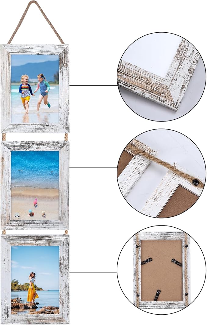 Lavezee 5x7 Collage Hanging Triple Picture Frames Set, 6 Opening Distressed White Vertical Frame Made to Display 5 by 7 Inch Photo Prints for Wall Decor