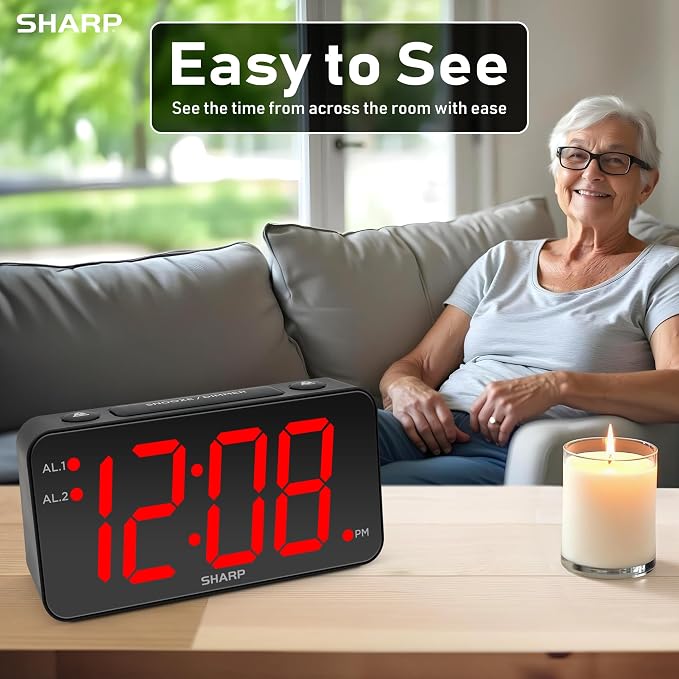 Sharp Digital Alarm Clock, 3" Jumbo Red LED, Dual Alarm, Battery Backup - Image 3