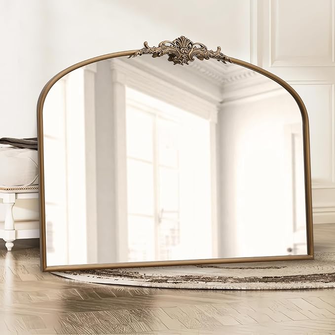 Besdomus Vintage Arched Gold Mirror: 40"x29" French Large Matt Gold Antique Wall Mounted Mirror - Baroque Traditional Ornate for Entryway/Fireplace/Bathroom/Hallway - Home Decor for Fashion-Conscious