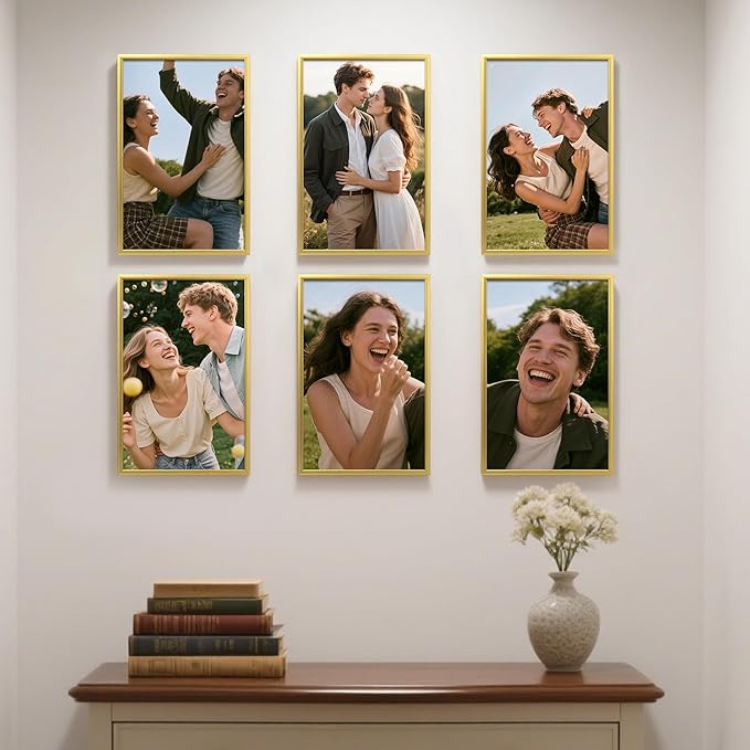 upsimples 11x17 Picture Frame Gold 3 Pack, Scratch-Proof 11 x 17 Poster Frames for Photo Gallery - Slide-In Strips, Horizontal or Vertical Wall Mounting