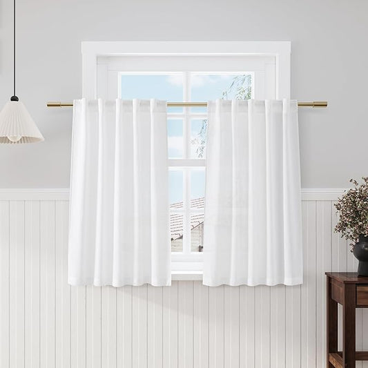 White Cafe Curtains 45 Inch Length Set 2 Panel Back Tab Pocket Semi Sheer Short Linen Narrow Mini Curtain Tiers for Small Bathroom Window Basement Kitchen Doors 38x45