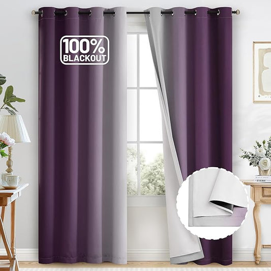 COSVIYA 100% Blackout Purple Ombre Curtains for Bedroom with White Back, 2 Thick Layers Thermal Insulated Room Darkening Grommet Window Drapes, 52x84 Inch, 2 Panels