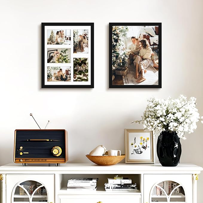 Golden State Art, 11x14 Black Wooden Frame with White Mat - Displays Five 4x6 Photos - Real Glass, Wall Mounting, Landscape, Portrait, 3 Pack
