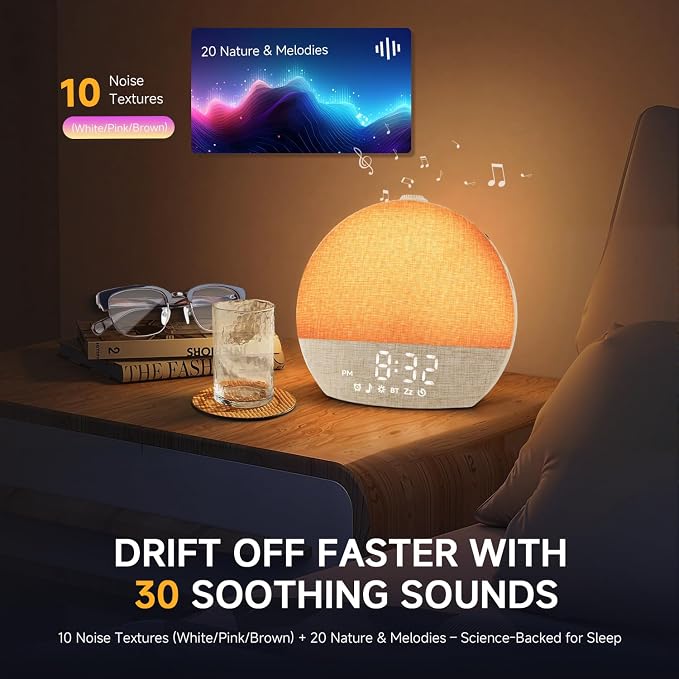 Geuuap Sunrise Alarm Clock White Noise Machine with Bluetooth Speaker,Khaki | 30 Soothing Sounds, 17 Dimmable lights, Simulated Sunrise, Backup Battery Memory, Auto-off Sleep Timer, Screen-Free Design - Image 4