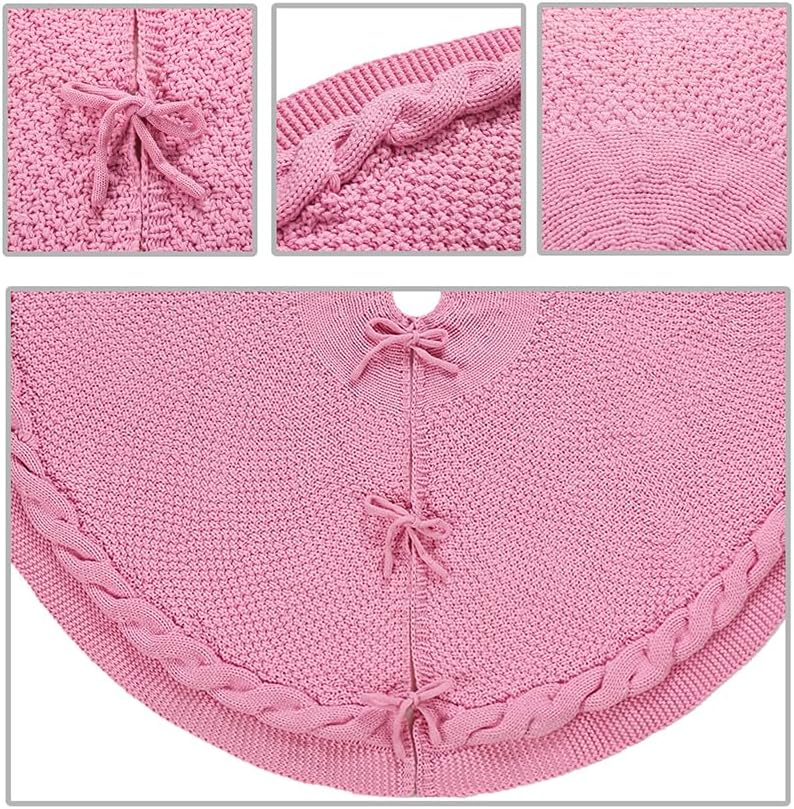 Sattiyrch Christmas Tree Skirt,Luxury Cable Knit Knitted Thick Rustic Xmas Holiday Decoration (Pink,36in) - Image 2