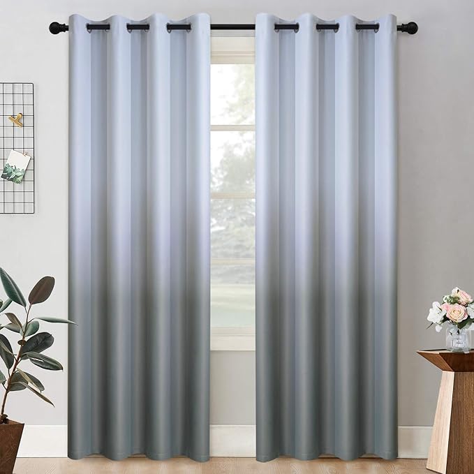COSVIYA Grommet Ombre Room Darkening Curtains 84 inch Length 2 Panels, Gradient Drapes Gray and Grayish White Light Blocking Insulated Thermal Window Curtains for Bedroom/Living Room,52x84 inches