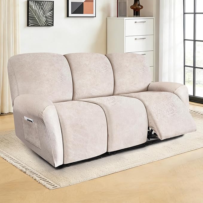 ANARACHON Recliner Couch Cover Leather Look Recliner Sofa Covers for 3 Cushion Reclining Sofa Slipcovers 8-Pieces Furniture Protector Spandex Fabric Washable (3 Seater, 02 Beige)