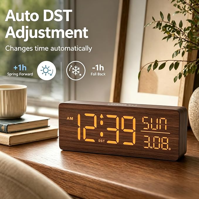 Peakeep Wooden Digital Alarm Clock Large Display, Textured Decoration - Image 5