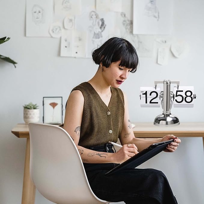 Flip Clock,Retro Flip Clock Mechanical Digital Desk Clocks Auto Internal Gear Operated Flipping Down Clocks Numbers Battery Powered for Home Office Décor White
