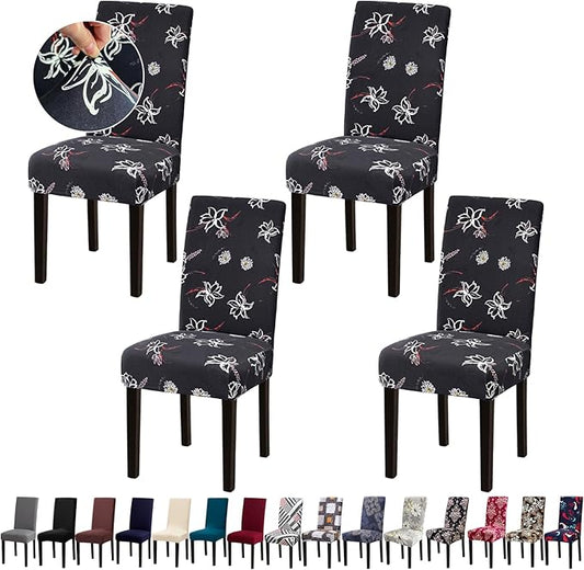 Dining Room Chair Covers - Stretch Kitchen/Dining Room Set of 4, Removable Washable Slipcovers for Home, Hotel, Banquet, Dark Grey Pattern