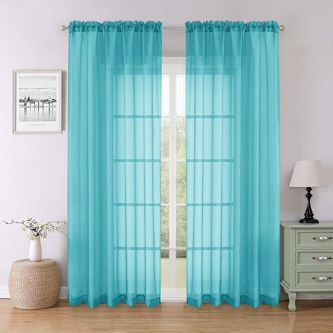 Lecloud Turquoise Sheer Curtains for Living Room Decor 84 Inches Long 2 Pcs, Light Filtering Airy Bedroom Curtains, Window Treatments Rod Pockets Drapes for Dining Room, Each Panel 59" W x 84" L