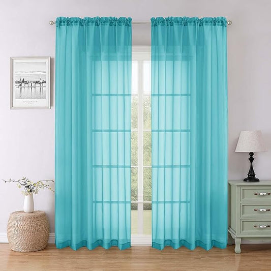 Lecloud Turquoise Sheer Curtains for Living Room Decor 84 Inches Long 2 Pcs, Light Filtering Airy Bedroom Curtains, Window Treatments Rod Pockets Drapes for Dining Room, Each Panel 59" W x 84" L