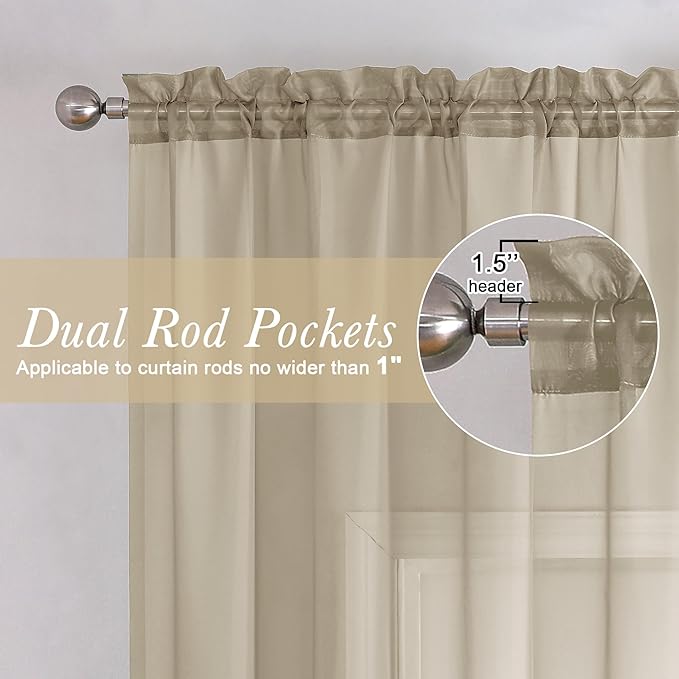 Lecloud Taupe Sheer Curtains 90 Inches Long 2 Panels Set, Living Room Curtains for Bedroom Decor Dual Rod Pocket, Farmhouse Airy Light Filtering Solid Dining Room Drapes, Each Panel 59" W x 90" L