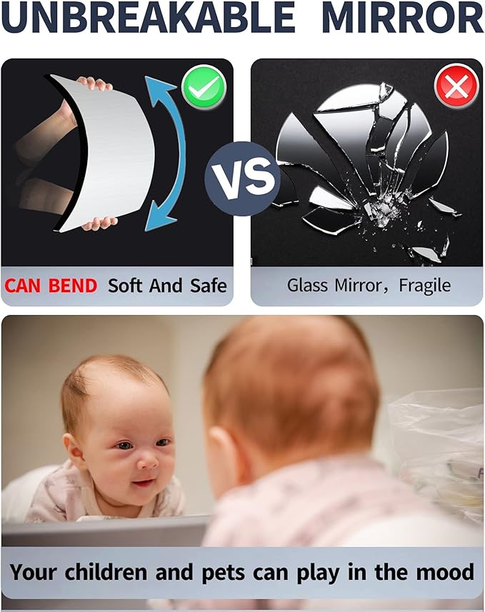quegau Full Length Mirror for Kids Safety Shatterproof Mirror,Plastic Wall Mirrors,Made of Acrylic Plexiglass Mirrors,4 Pcs 10"x10",Long Bedroom Door Closet Miroir,Workout for Home Gym Body Miroir