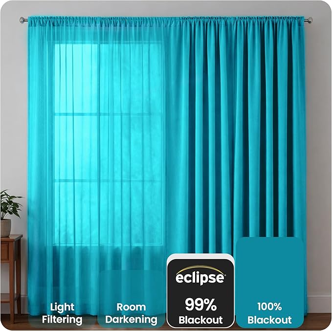 ECLIPSE Kendall Modern Blackout Thermal Rod Pocket Window Curtain for Bedroom or Living Room (1 Panel), 42 X 63, Turquoise