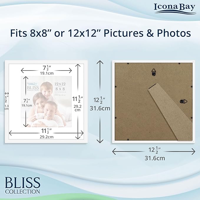 Icona Bay - 12x12 White Picture Frame with Removable Mat to 8x8 Photo - Modern Style Engineered Wood Poster Frame - Wall Mount Only - Bliss Collection