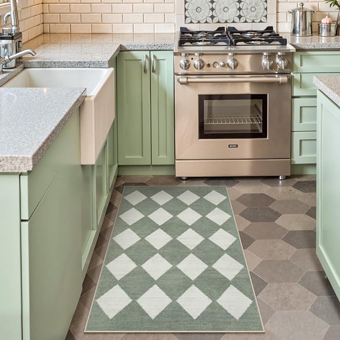 Lahome Zelie Checkered Washable 2x3 Green Kitchen Rugs Non Slip, Small Printed Indoor Door Mat for Entryway, Moroccan Trellis Ultra-Thin Throw Carpet for Bedroom Laundry Entrance Decor (2'x3',Green)