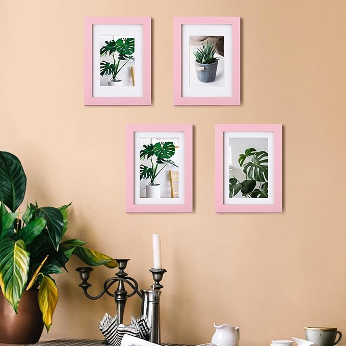 Egofine 5x7 Picture Frames with Plexiglass, Display Pictures 3.5x5/4x6 with Mat or 5x7 Without Mat Set of 4 for Tabletop and Wall Mounting, Pink