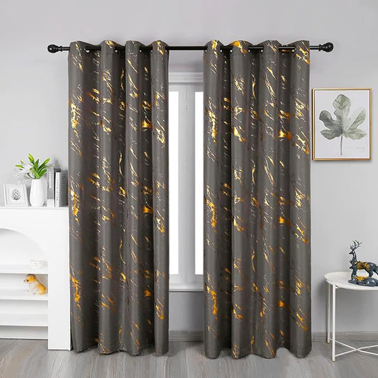 Taisier Home Gold Foil Print Linen Textured Curtains Geometric Marble Pattern Design Curtains for Living Room Light Filtering Window Treatment 2 Panels 72" L,Dark Grey and Gold Curtain Print