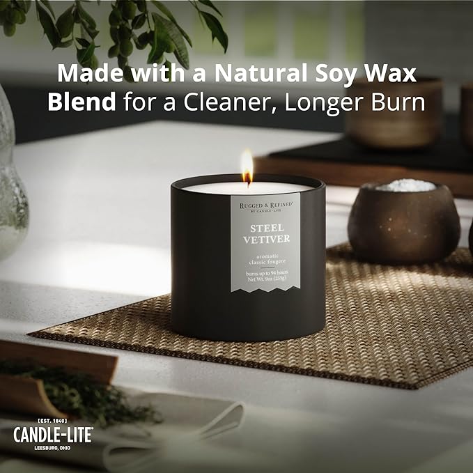Candle-lite Rugged & Refined Scented Candle for Men, Steel Vetiver, 9 oz Tin, Poured in The USA, Masculine Fragrance, 1-Wick, 58 Hours of Burn Time, Ideal Gift for Man in Your Life & Father's Day