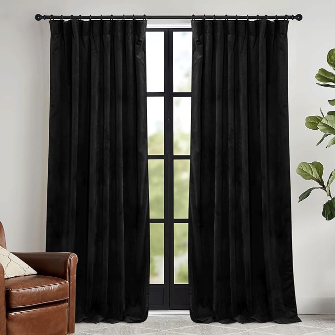RYB HOME Black Velvet Curtains 108 inch, Blackout Window Curtains with Pleat Tape on Top for Bedroom Thermal Insulated Privacy Ceiling Drapes for Living Room, W52 x L108 inch, 2 Panels