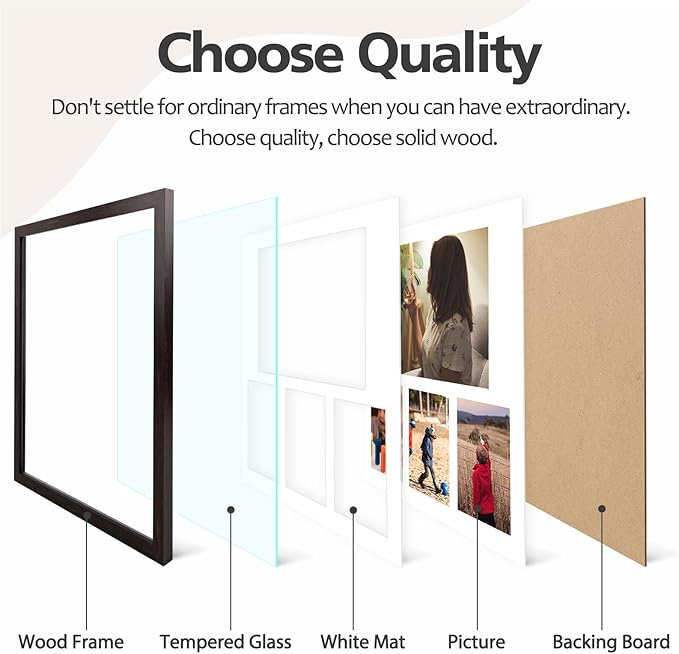 14x16 Dark Brown Wood Picture Frame - White Mat for 8x10 and 4x6 Photos - Real Glass, Sawtooth Hanger, Swivel Tabs - Wall Mounting - Great for Posters, Weddings, and Engagements