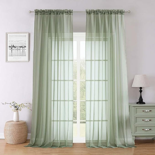 Lecloud Sage Green Sheer Curtains 96 Inches Long 2 Panels, Solid Airy Voile Dual Rod Pocket Sheer Curtains, Elegant Light Filtering Window Curtain Drapes for Living Room Bedroom Balcony, 59" W x 96" L