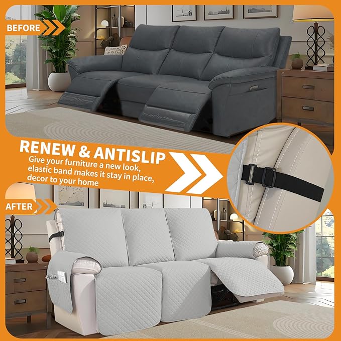 XINEAGE Water Resistant Recliner Cover, 3 seat Recliner Sofa Covers with Pockets, Quilted Thick Recliner Protector Cover for Dog Pets with Non Slip Backing and Strap (Recliner Sofa, Light Gray)