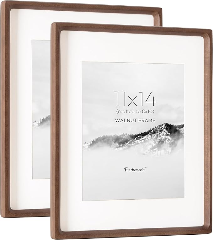 11x14 Picture Frame, USA-Sourced Walnut Wood Photo Frame with HD Tempered Glass, Handcrafted Rounded Corner 11 x 14 Wooden Frames Matted to 8x10 Photos, Horizontal or Vertical Wall Display, 2 Pack