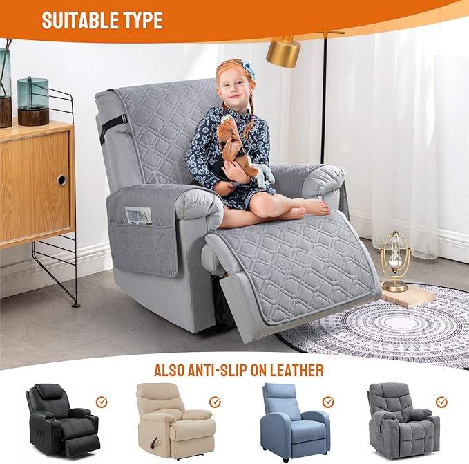 VANSOFY 100% Waterproof Recliner Chair Covers, Recliner Cover Non-Slip Dog Chair Cover Furniture Protector Washable Slipcover with Pocket, Elastic Straps for Pets, Dogs(Light Gray, 23.6")