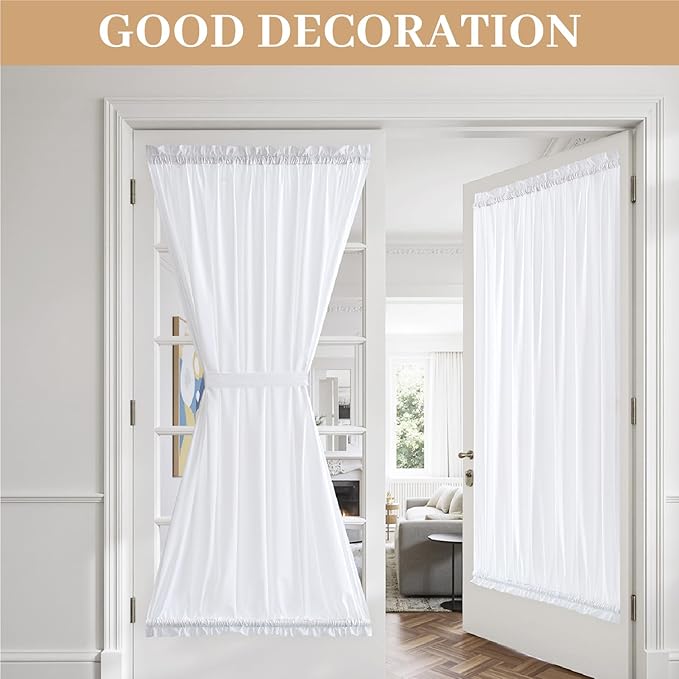 MIULEE Non-See-Through French Door Curtains for Doorway, Privacy Semi Sheer Curtains for French Doors, Light Filtering Rod Pocket Window Drapes with Tie Back, White, 54 x 63 inches, 2 Panels
