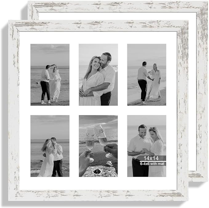 14x14 Picture Frame Set of 2, Distressed White with Glass Collage Frame, Display Photo Six Opening 4x6 With Mat or 14 x 14 Without Mat - Horizontal or Vertical Wall Mounting