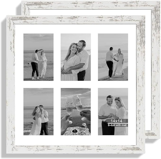 14x14 Picture Frame Set of 2, Distressed White with Glass Collage Frame, Display Photo Six Opening 4x6 With Mat or 14 x 14 Without Mat - Horizontal or Vertical Wall Mounting