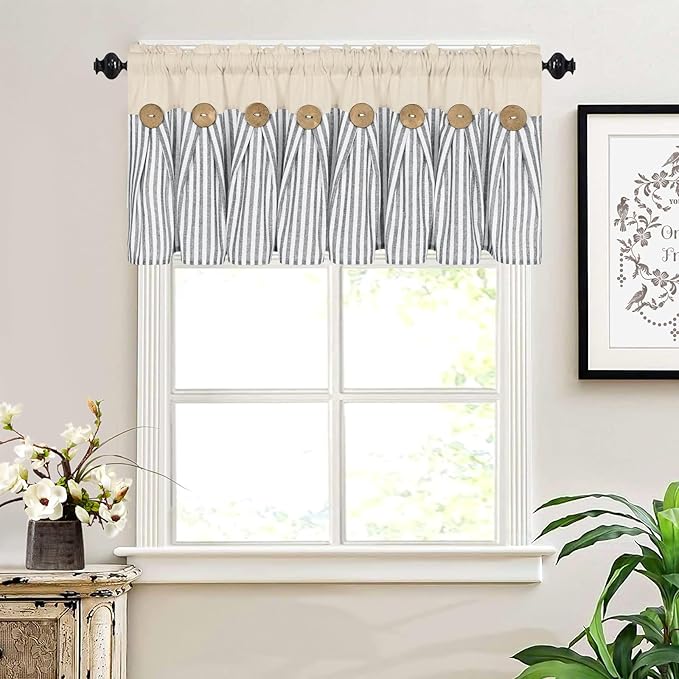 ASPMIZ Farmhouse Cotton Linen Valances for Windows, Boho Kitchen Curtains Valances with Rustic Button, Country Grey Striped Window Treatments Curtain Valance for Bathroom Cafe, 52 x 18 Inch, 1 Pannel