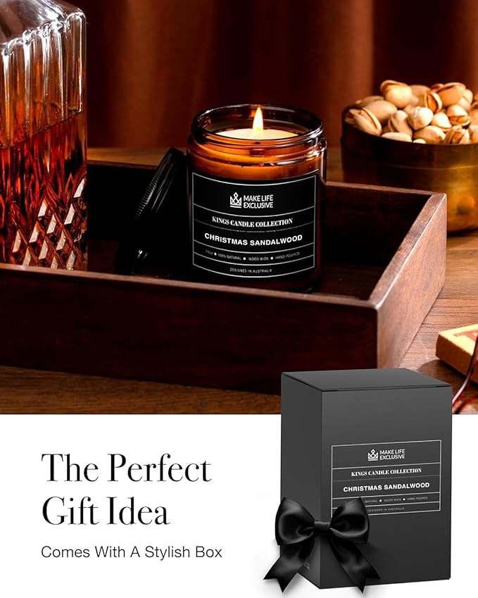 Scented Candles for Men | Christmas Sandalwood | Wooden Wick, Long Lasting, Masculine Scents | Natural Soy Jar Candle for Home, Bacehlor Pad Decor | The Perfect Mens Gift