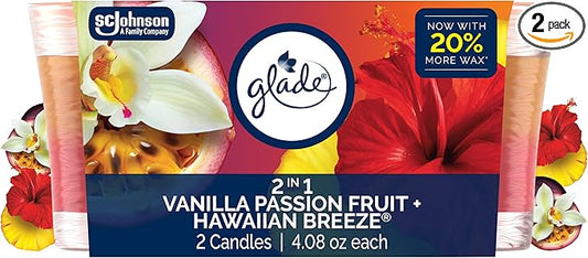 Glade 1-Wick 2in1 Scented Candle Jar, Hawaiian Breeze & Vanilla Passion Fruit, Air Freshener Infused with Essential Oils, 4.08 Oz, 2 Count