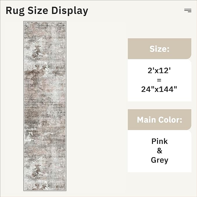 Soalmost Runner Rug 2x12 Washable Non-Slip Hallway Runner Rugs for Kitchen Bathroom Laundry Room Pink/Grey Vintage Floor Carpet Runners for Hallways Entryway