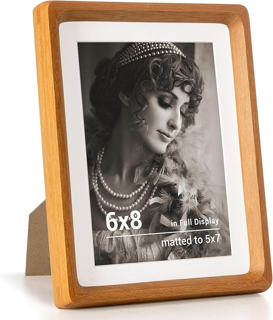 Fun Memories 6x8 Picture Frame, USA-Sourced Teak Wood Photo Frames with HD Tempered Glass, Handcrafted Rounded Corner 6 x 8 Wooden Frames Matted to 5x7 Photos, 6x8 Frame, Tabletop or Wall Display