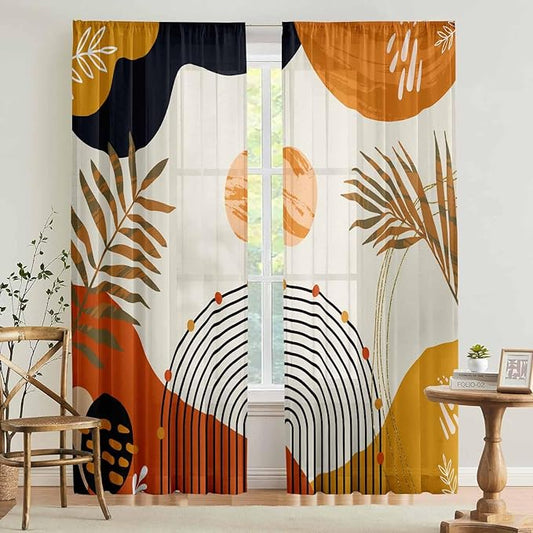 Boho Mid Century Abstract Leaves Curtains 52X84Inch Rainbow Living Room Curtain 2Pc Burnt Orange Curtains for Bedroom Modern Geometric Drapes Yellow Plant Colorful Curtain