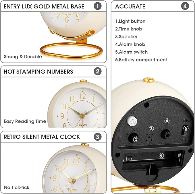 Metal Desk Clock, Retro Bedroom Table Vintage Analog Alarm Clock, Silent Non-Ticking Gold Clock, Bedside D??cor(Milk White)