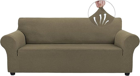 Asnomy Couch Covers for 3 Cushion Couch Stretch Sofa Covers Slipcovers, Pet Protector Furniture Covers for Dogs Cats Spandex Jacquard Fabric Small Checks （Large，Khaki）