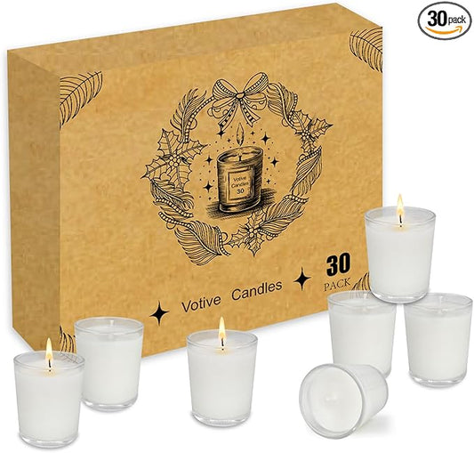 Set of 30 White Votive Candles Clear Glass Filled Unscented Soy Wax Candle for Home Décor Spa Weddings Birthday Holidays Party and DIY